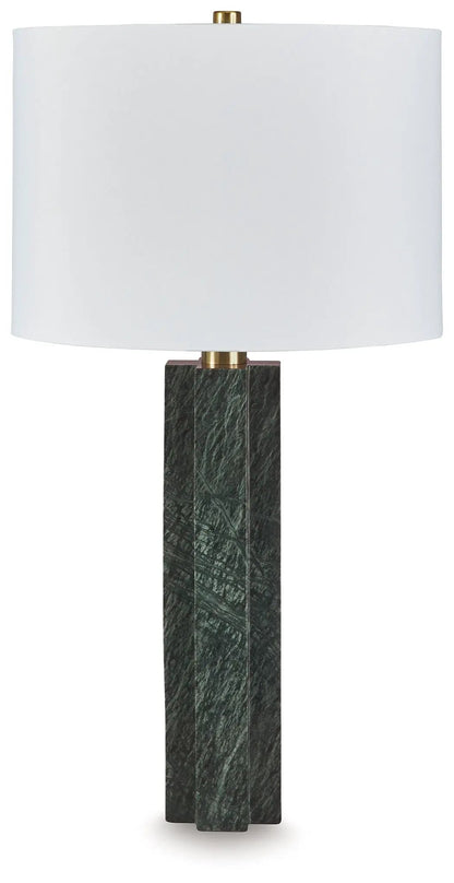Keegan Marble Table Lamp with green marble pedestal and white fabric shade on Tampa Home & Garden Store