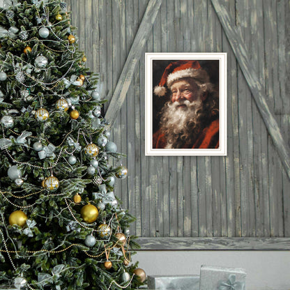 Papa Noel white framed wall art by HouseOfZazla for living room beside Christmas tree on Tampa Home & Garden Store