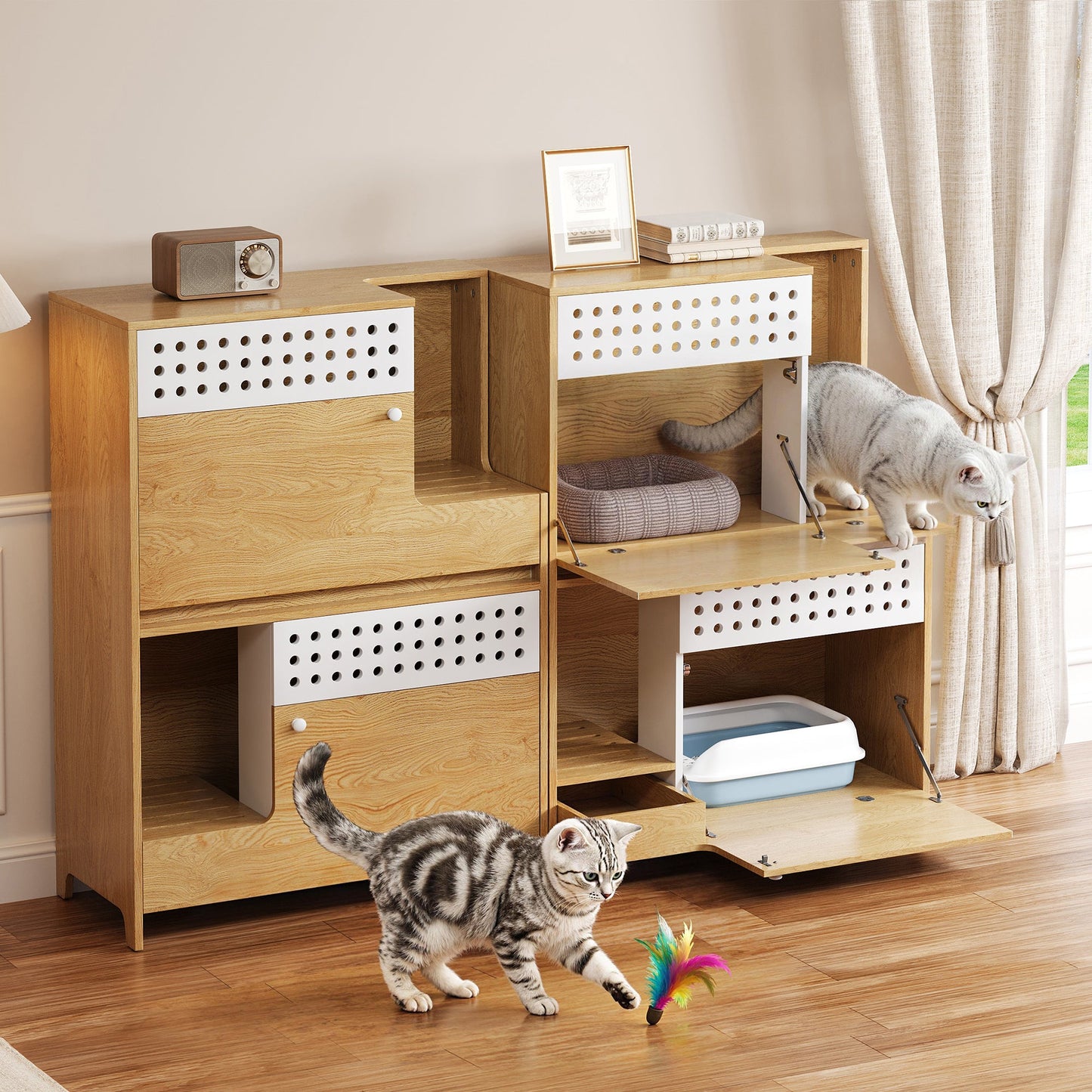 HouseOfZazla 2-Piece Modern 2-in-1 Cat Furniture Set wooden frame with white perforated panels on Tampa Home & Garden Store