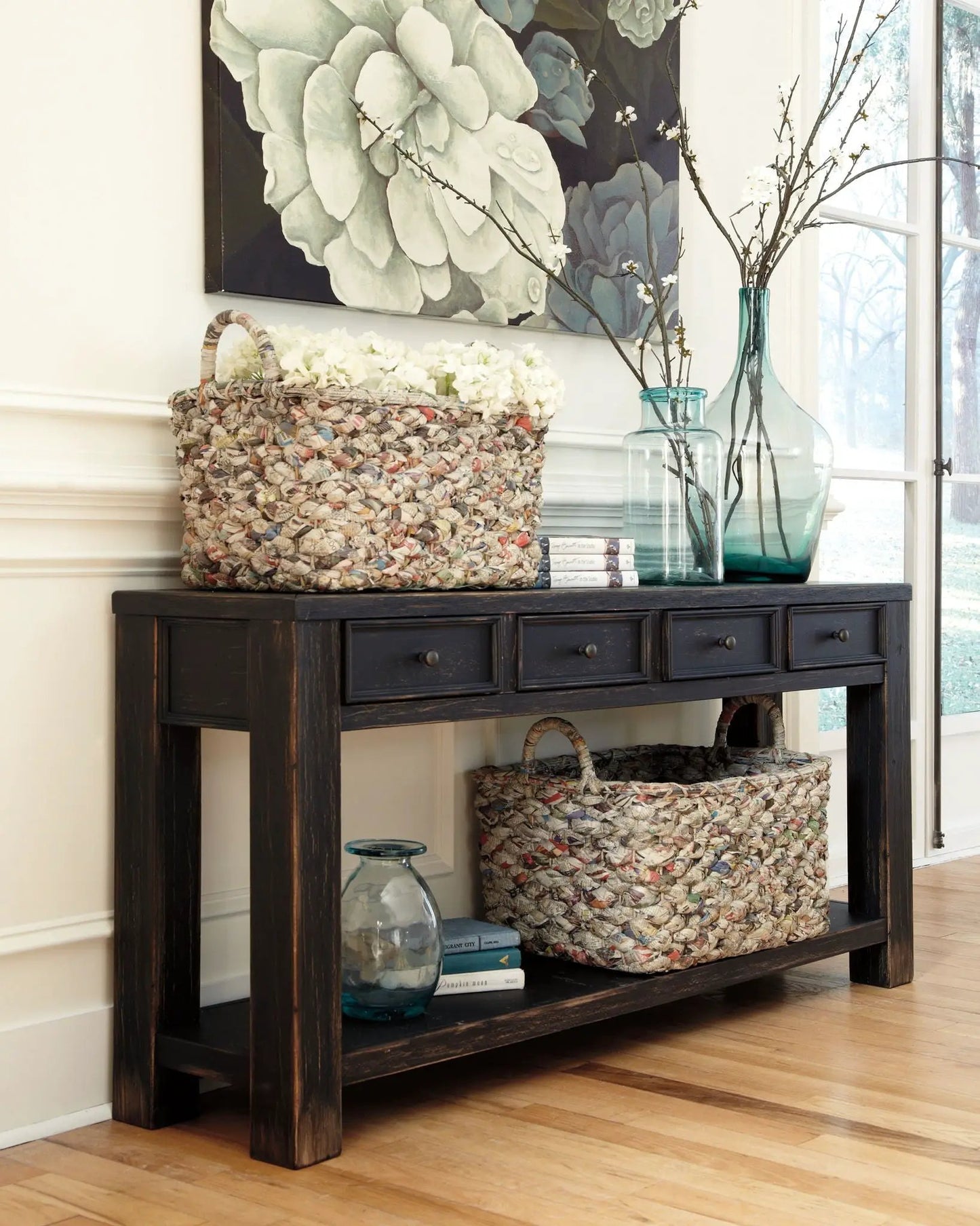 Gavelston sofa table black wood, six-drawer console by Unique Piece Furniture on Tampa Home & Garden Store