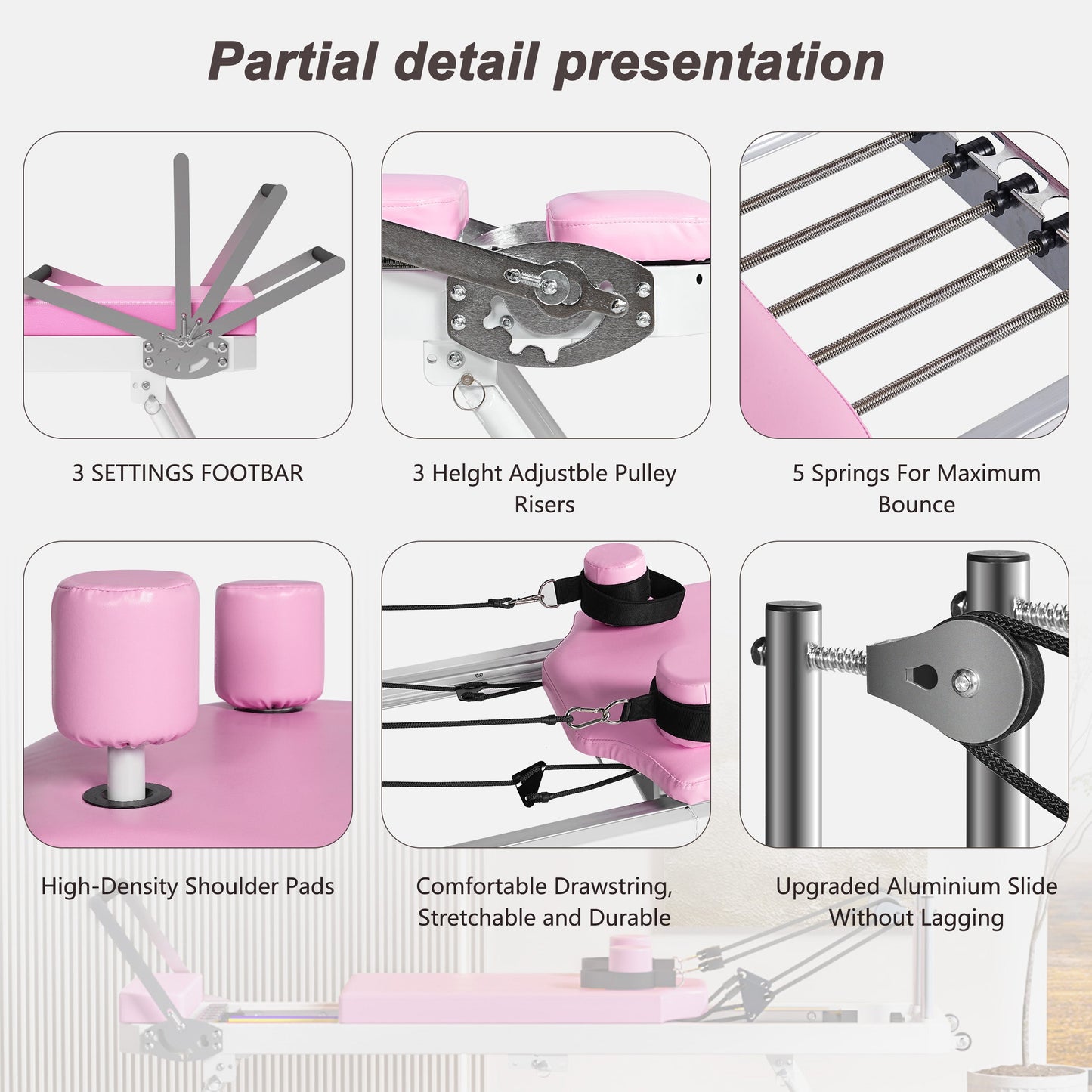 Foldable Pilates Core Bed by HouseOfZazla, pink exercise equipment with 3-setting footbar on Tampa Home & Garden Store