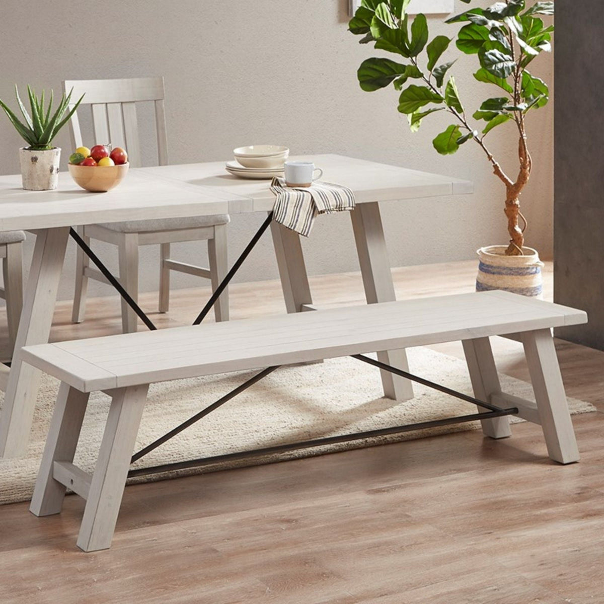 Solid wood dining bench with metal stretchers in white finish by HouseOfZazla on Tampa Home & Garden Store