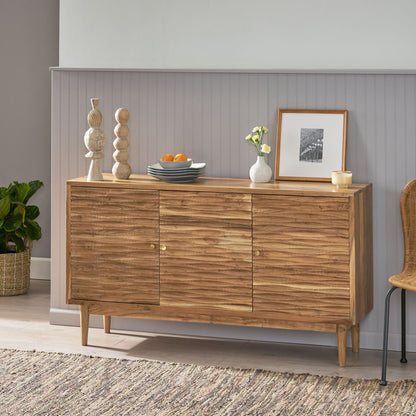 Boho handcrafted 3 door sideboard in natural wood with carved texture on Tampa Home & Garden Store