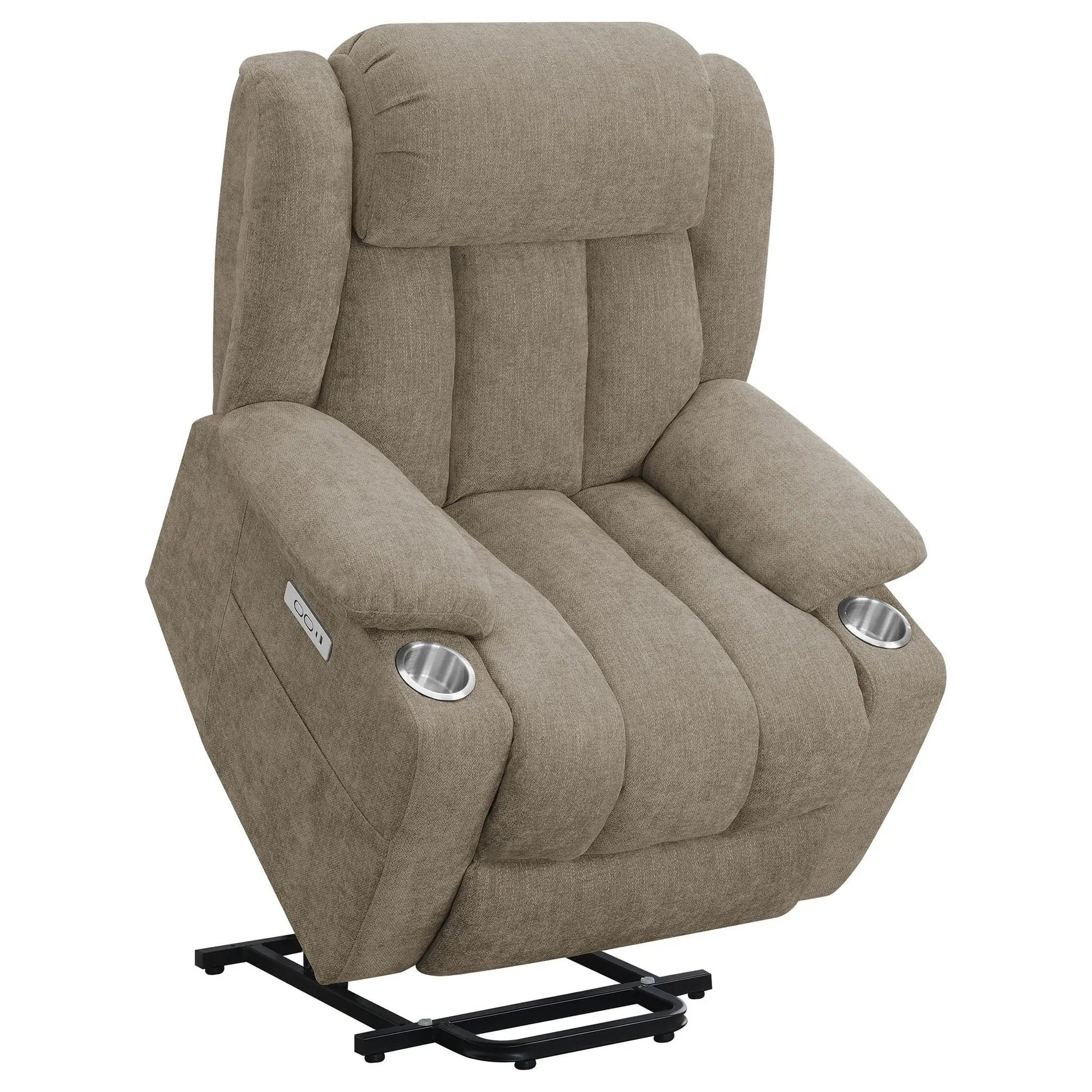 Beca power lift recliner with two cupholders and USB charging, taupe upholstery on Tampa Home & Garden Store