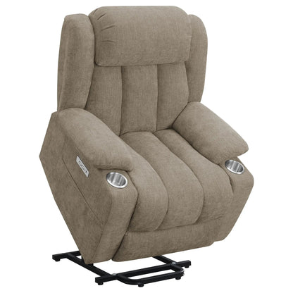 Beca power lift recliner with two cupholders and USB charging, taupe upholstery on Tampa Home & Garden Store