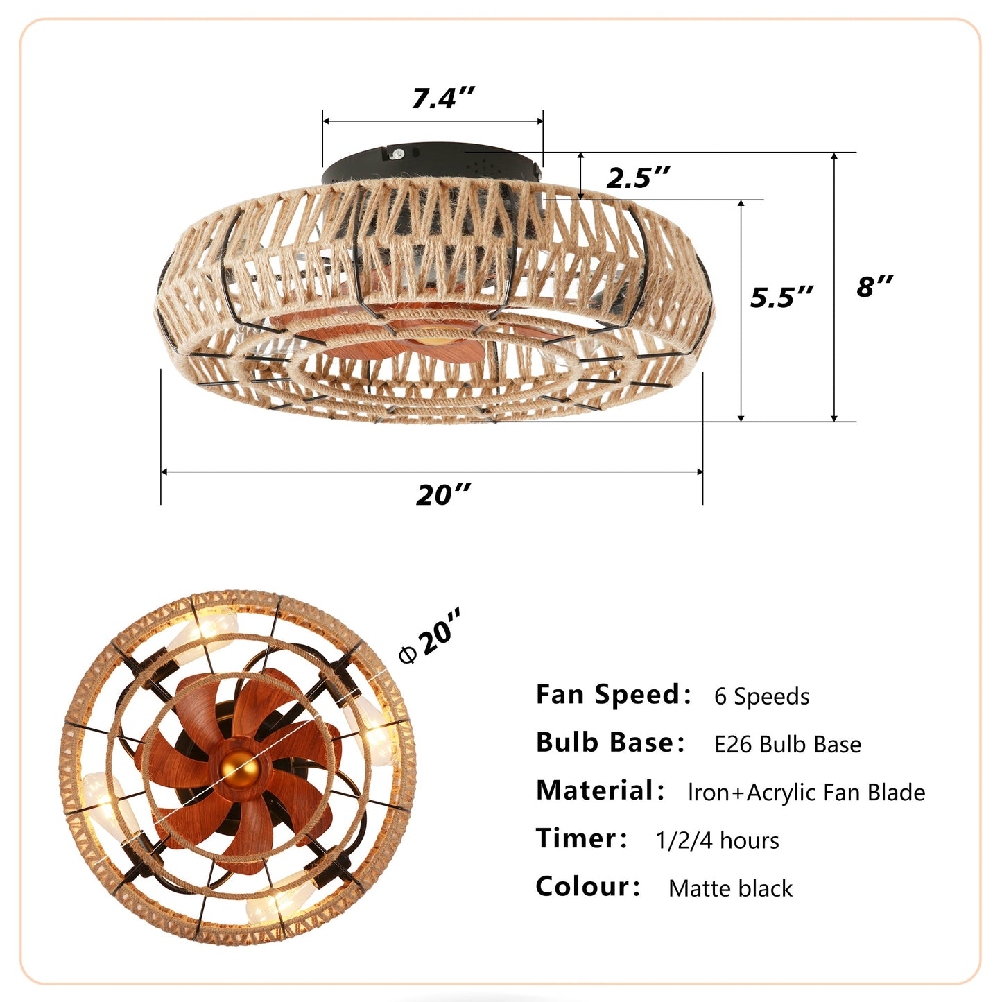20in rope-caged flush mount ceiling fan HouseOfZazla with light kit remote matte black on Tampa Home & Garden Store