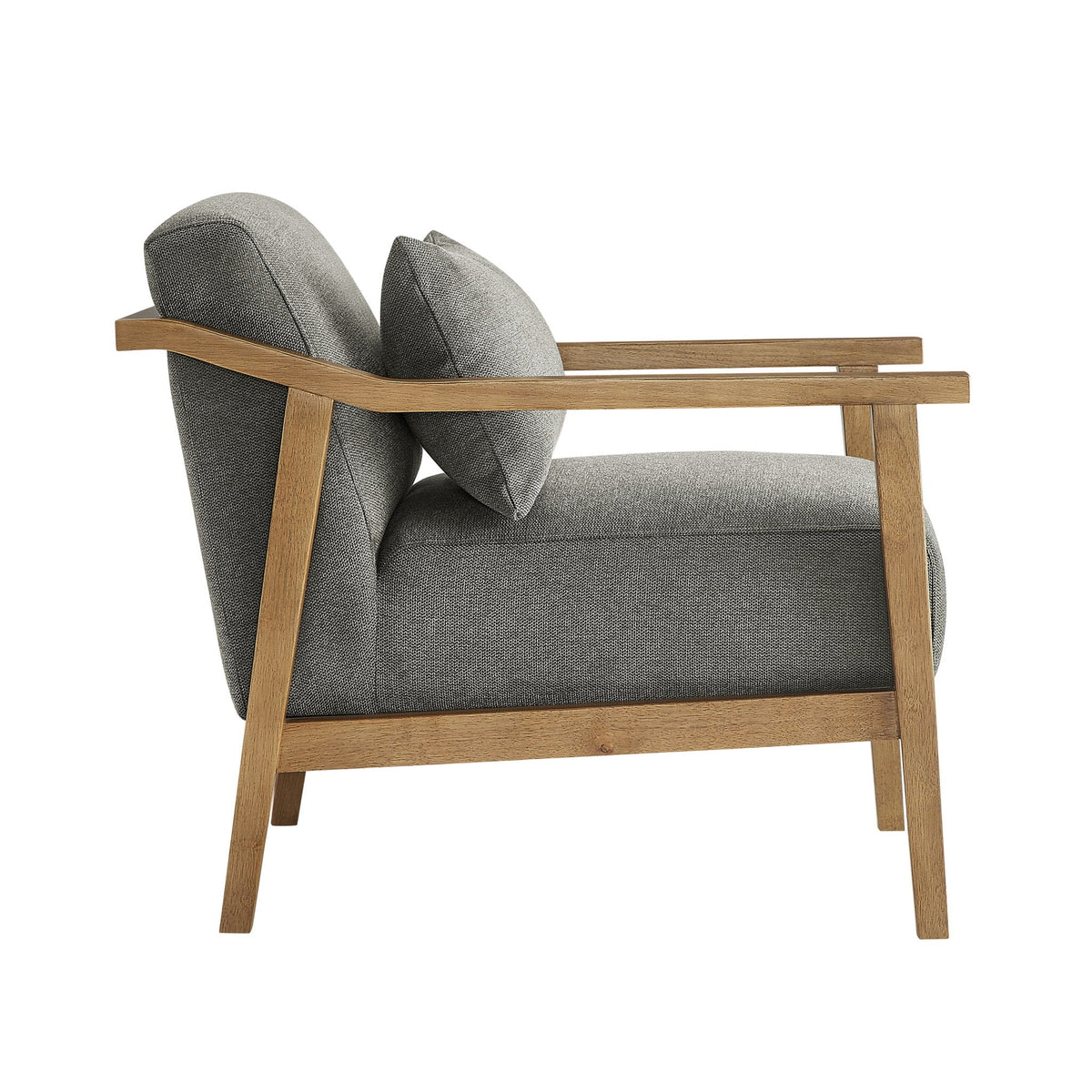 Arm accent chair with lumbar pillow in dark gray fabric and wood frame on Tampa Home & Garden Store