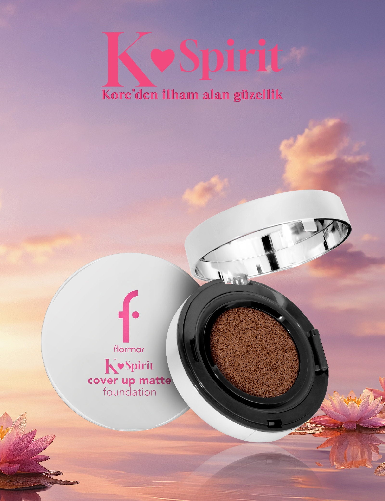 Flormar K-Spirit cushion foundation compact with brown semi-matte cushion in white pink case on Tampa Home & Garden Store