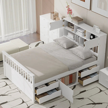 Captain Platform Bed Frame with Bookcase Headboard in white, 4 drawers and shelves on Tampa Home & Garden Store