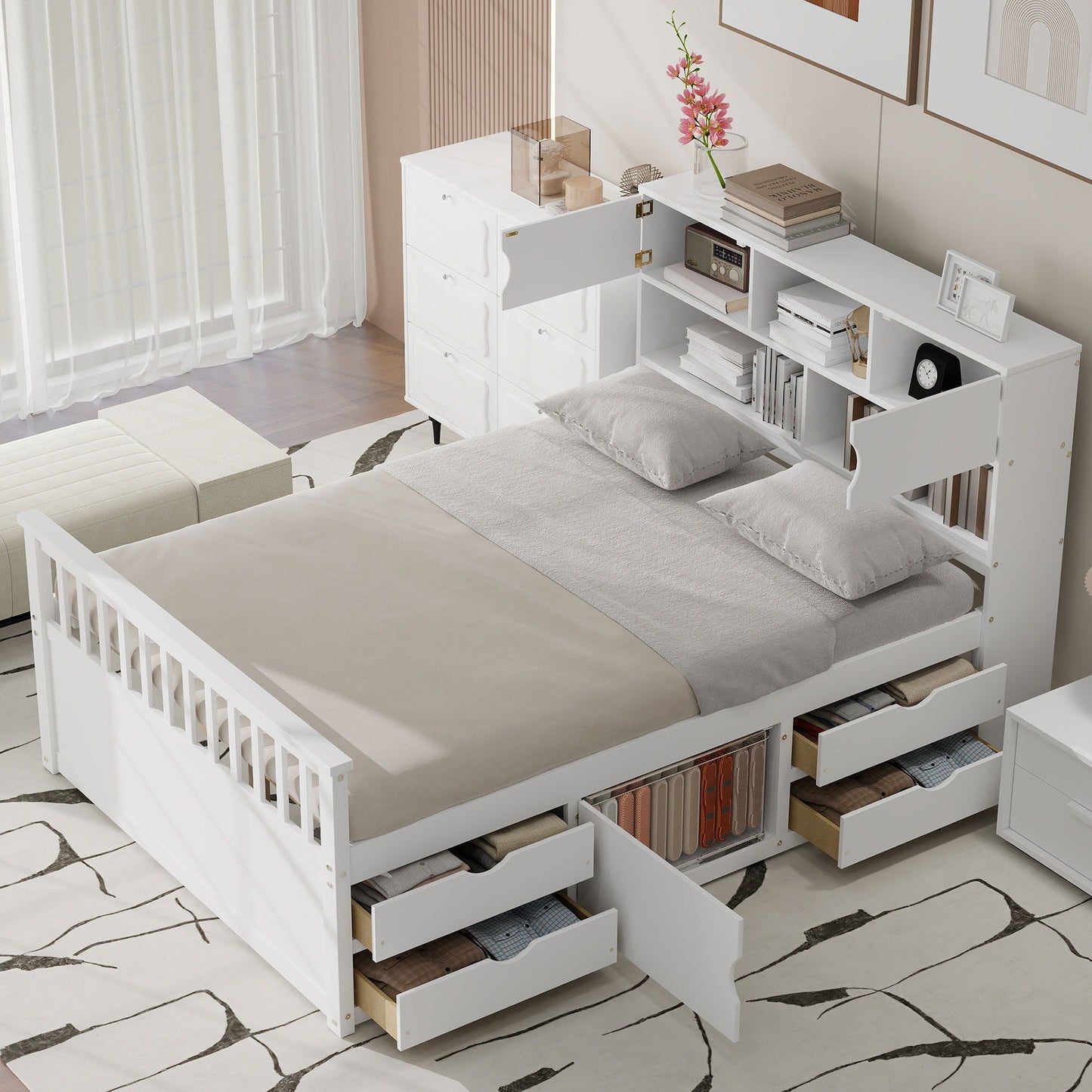 Captain Platform Bed Frame and Bookcase Headboard