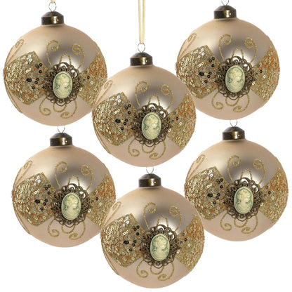 Hanging ball Christmas ornaments set of 6 with gold swirls and cameo medallions on Tampa Home & Garden Store