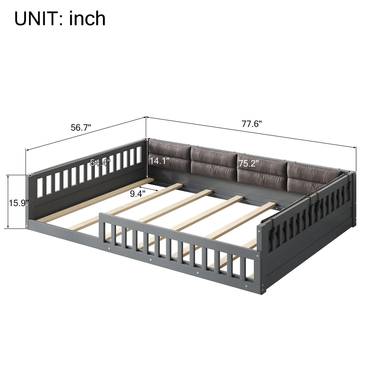 Upholstered platform bed with guardrails and pillow cushions slat foundation HouseOfZazla on Tampa Home & Garden Store