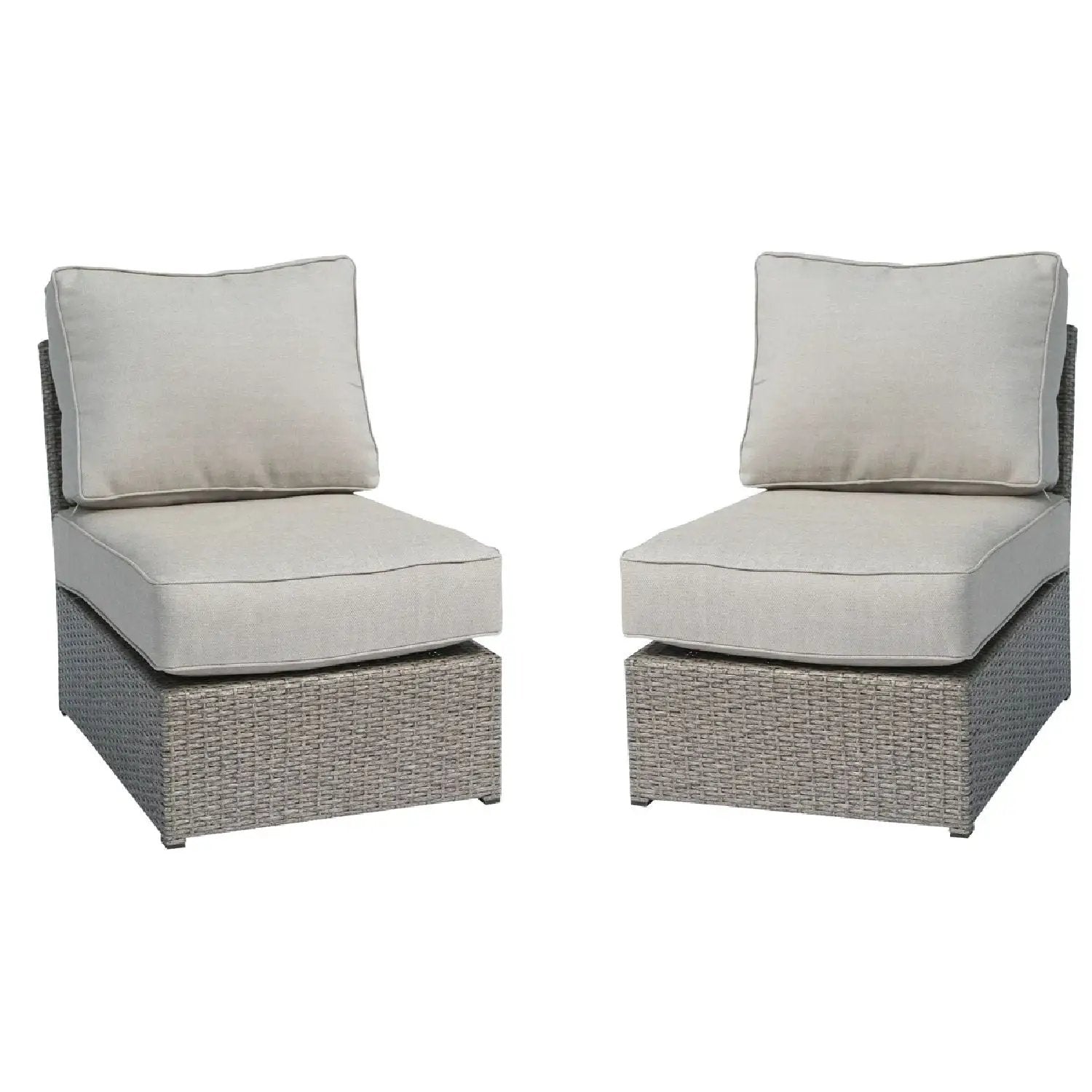 Pair of armless patio chairs with beige cushions in woven rattan by Unique Piece Furniture on Tampa Home & Garden Store