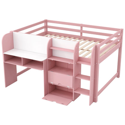 Pink low loft bed with built-in desk, open bookcase and storage cabinets by HouseOfZazla on Tampa Home & Garden Store