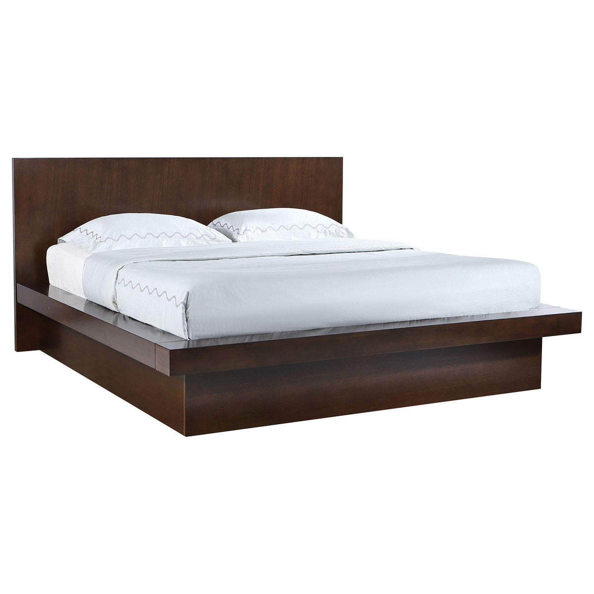 Tokyo LED Panel Bed with Structured Headboard dark wood panel frame and white bedding by HouseOfZazla on Tampa Home & Garden Store