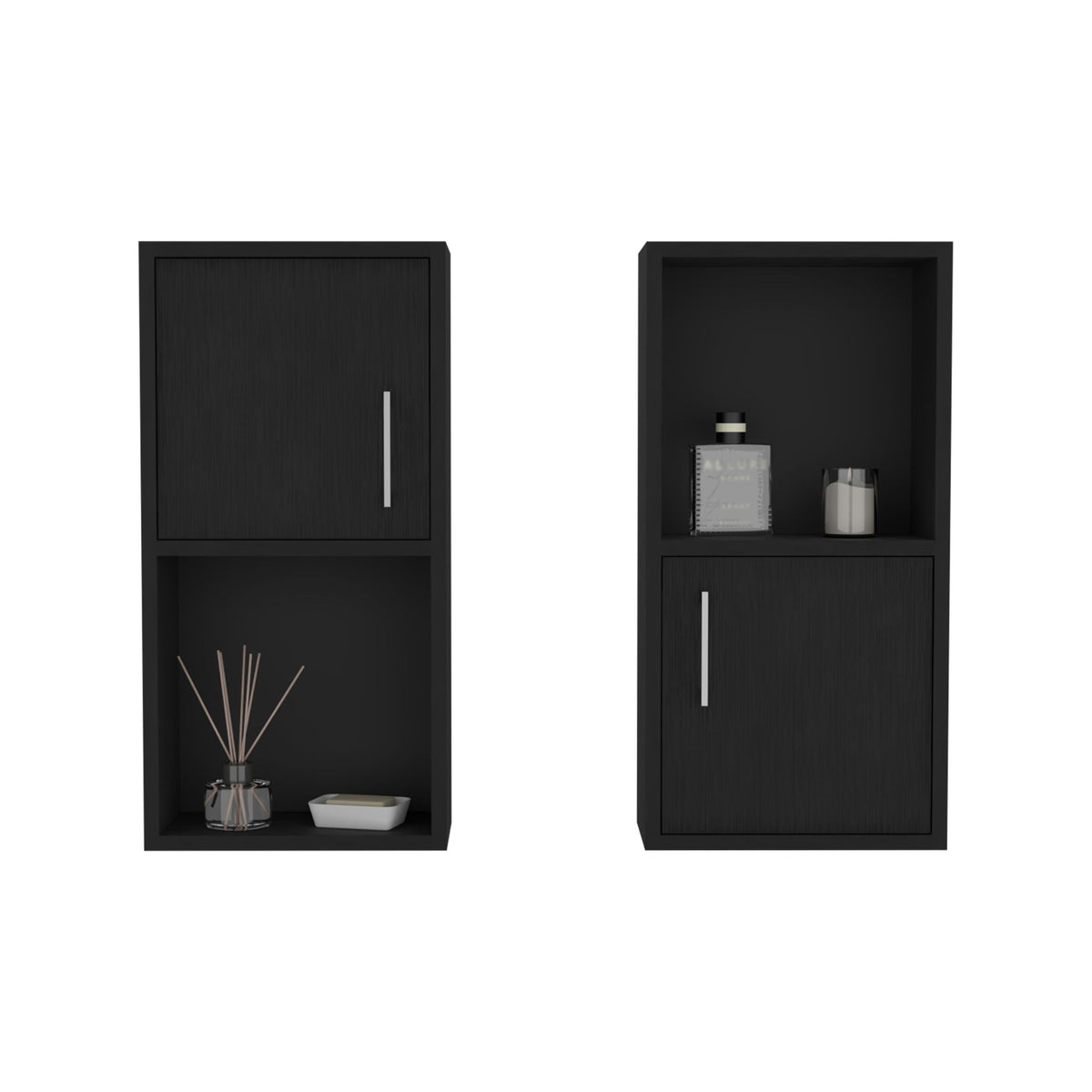 Wall mounted black medicine cabinet with 2 doors and 2 shelves open view shows stored items on Tampa Home & Garden Store