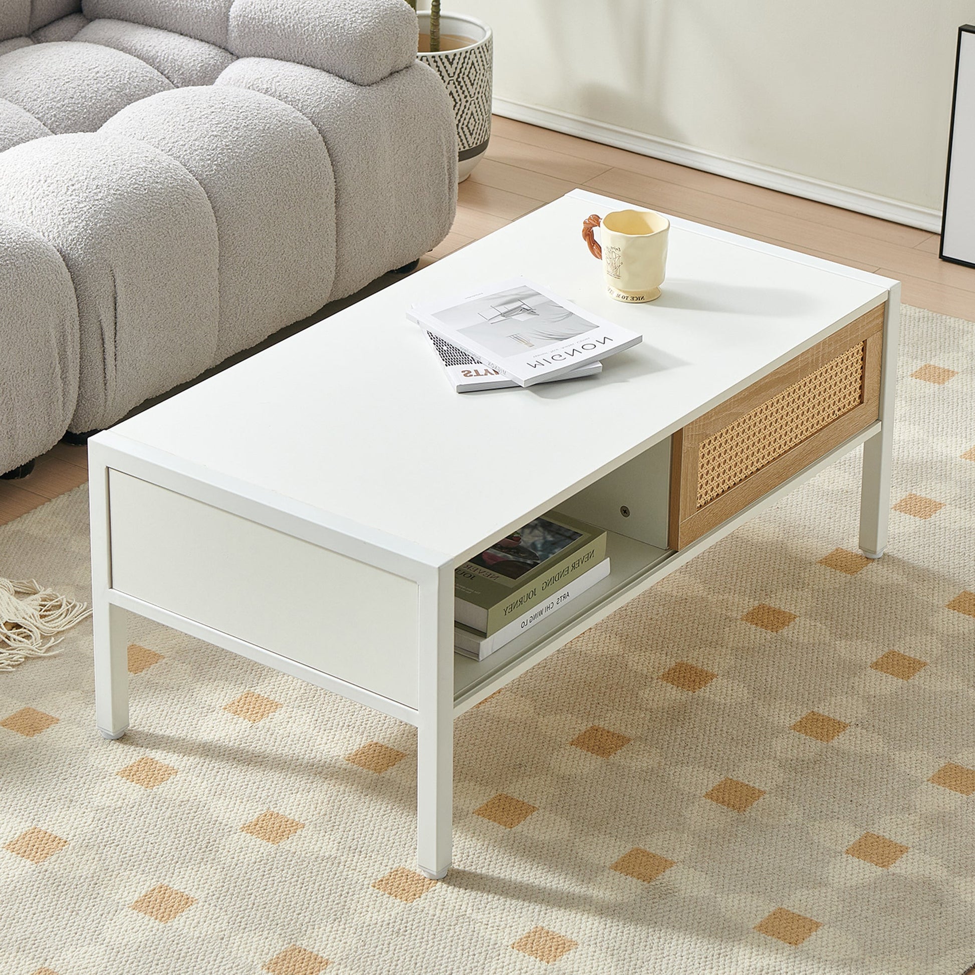 Modern Rattan Coffee Table with Cane-front drawers, white frame HouseOfZazla on Tampa Home & Garden Store