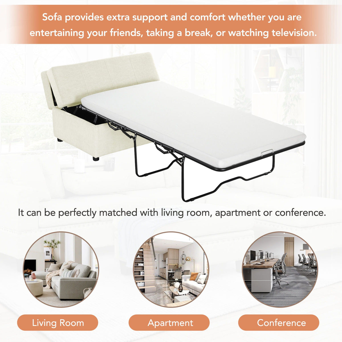 Twin size folding ottoman sleeper bed with mattress in beige upholstery by HouseOfZazla on Tampa Home & Garden Store