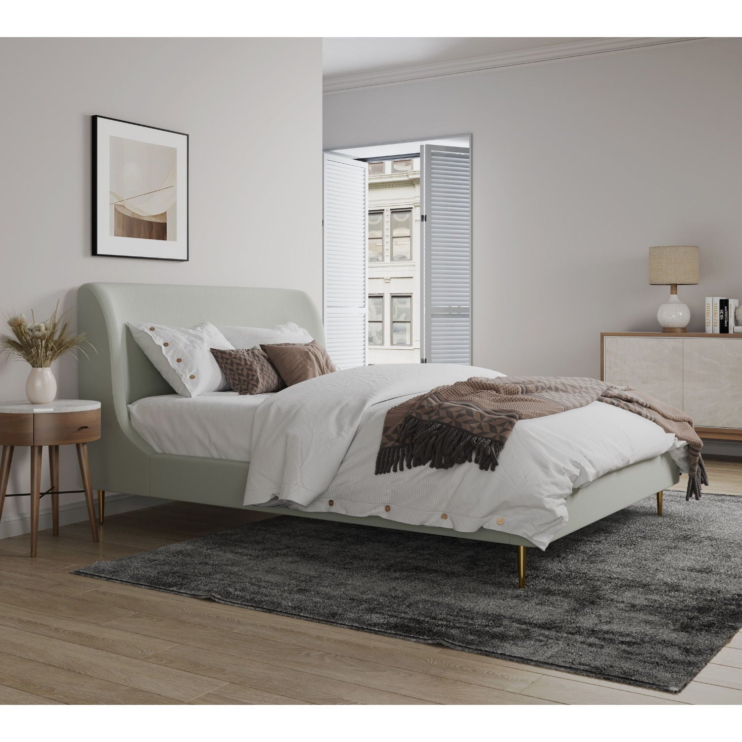 Heather upholstered bed with curved mint-green headboard by HouseOfZazla on Tampa Home & Garden Store