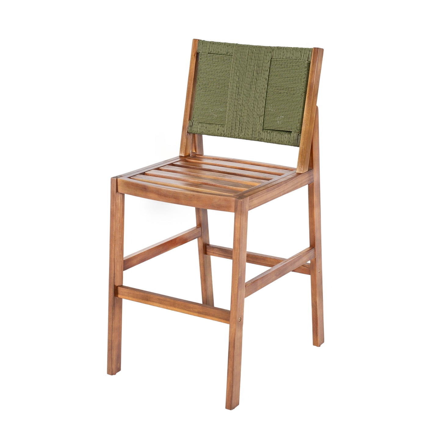 4-Piece Arly Green Outdoor Bar Stool Set with green woven back and seat on a wooden frame on Tampa Home & Garden Store