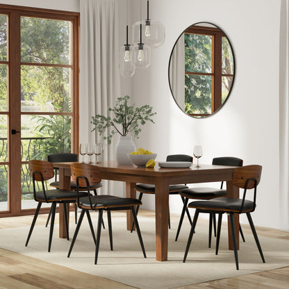 Rubberwood dining table with lacquer finish in warm wood tone, with black-metal leg chairs on Tampa Home & Garden Store