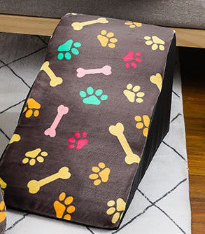 Pet step ladder in brown fabric with colorful paw prints and bones, non-slip removable cover on Tampa Home & Garden Store