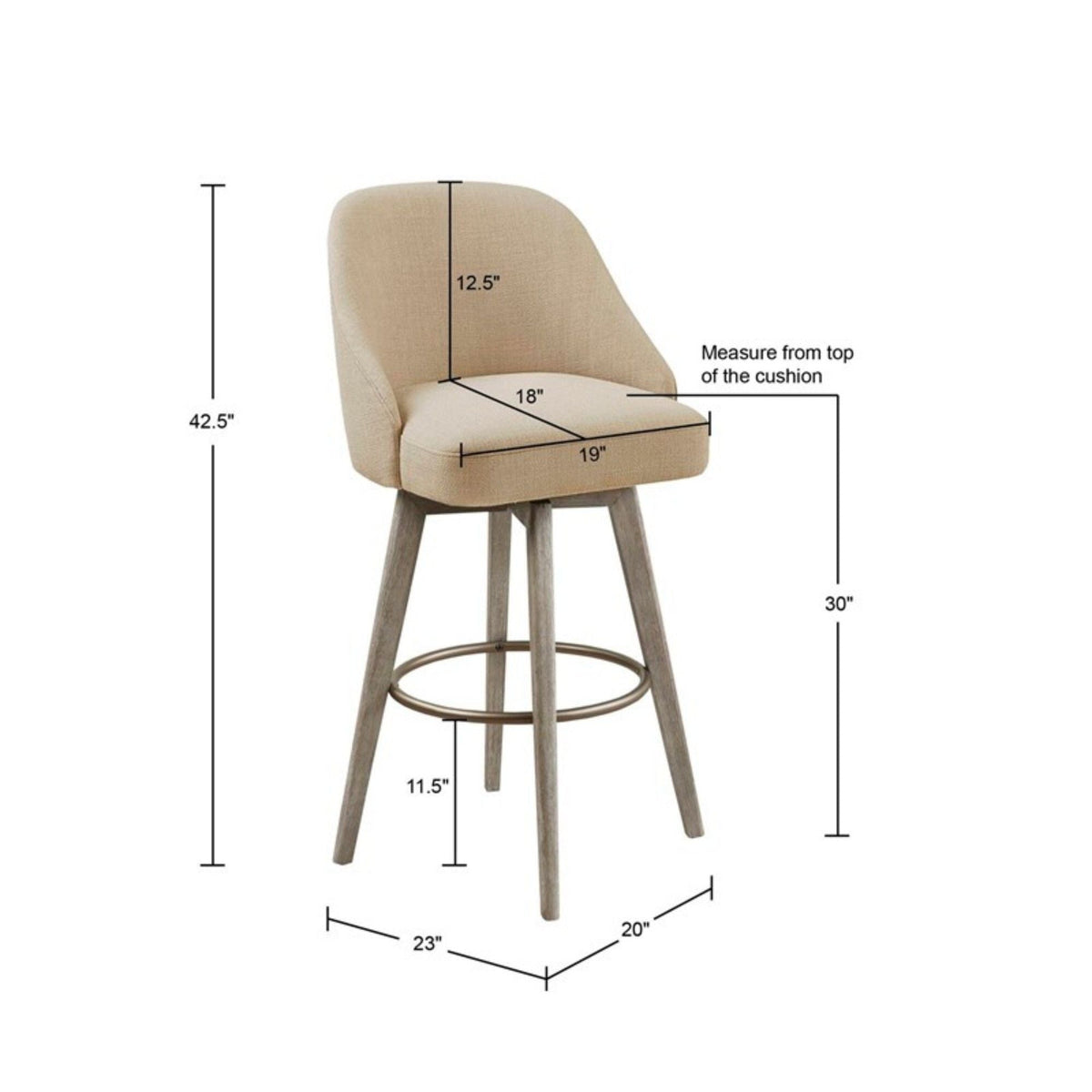 Bar stool swivel seat in sand, bar height 28–30, HouseOfZazla, wood legs with ring footrest on Tampa Home & Garden Store