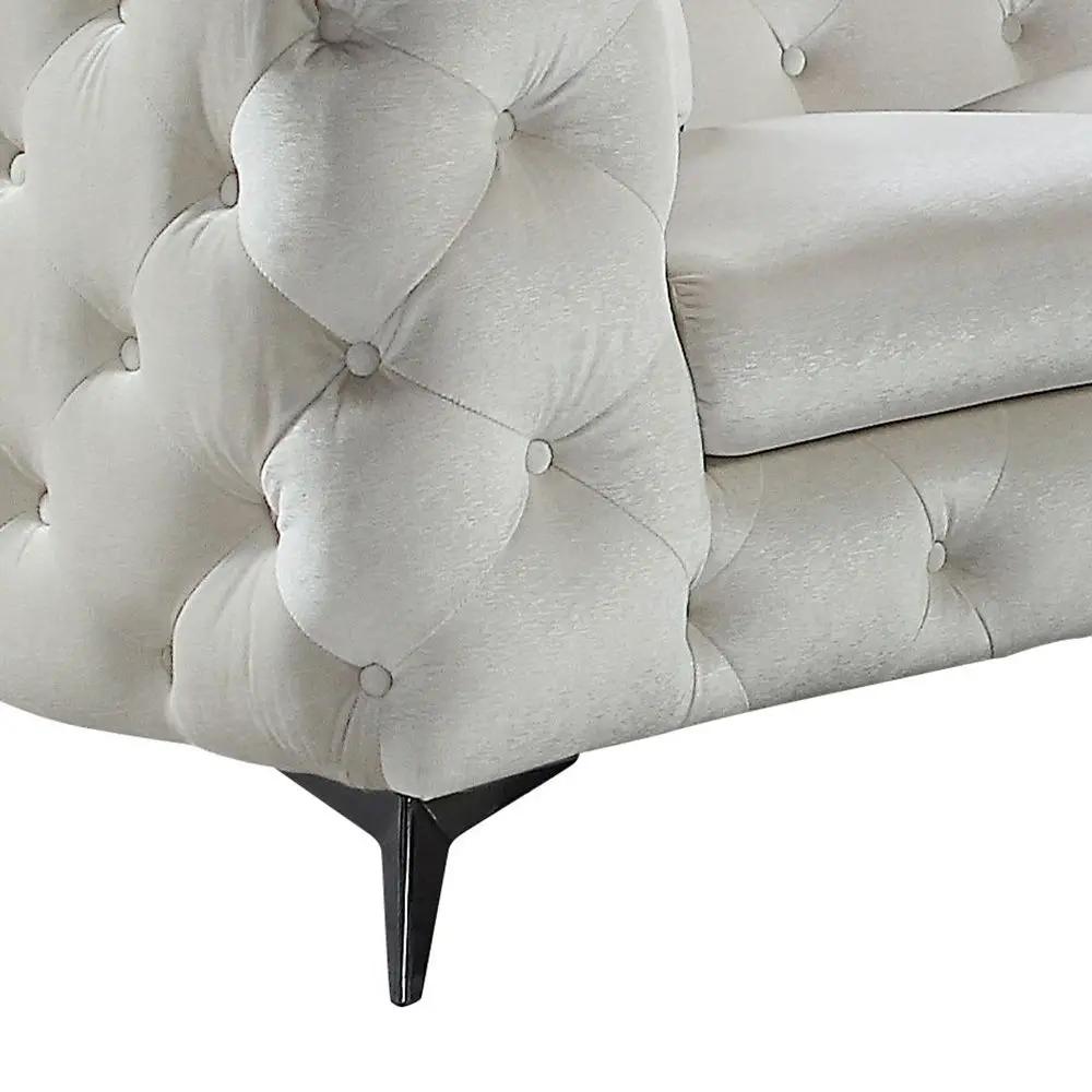 Atronia beige tufted sectional sofa corner with button-tufted arms and black tapered legs on Tampa Home & Garden Store