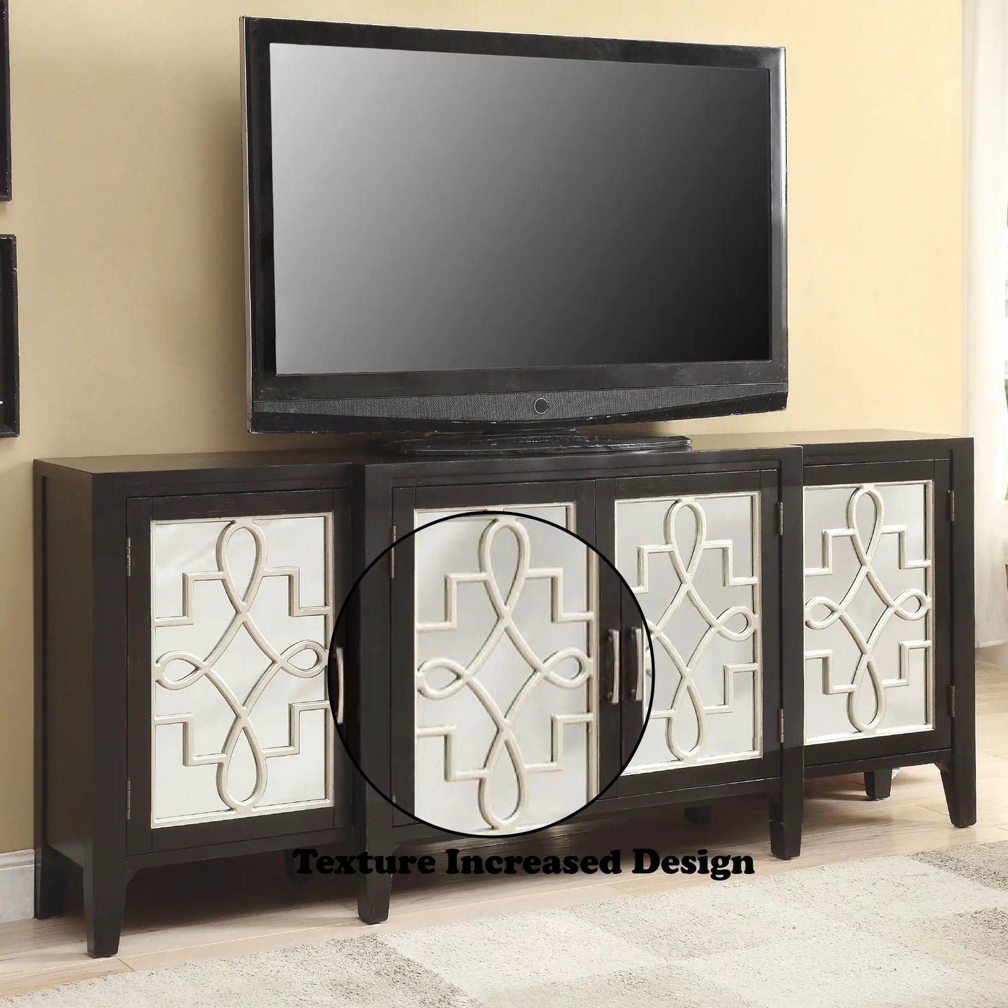 Kacia Console Cabinet pair with black frame and decorative mirrored lattice doors on Tampa Home & Garden Store