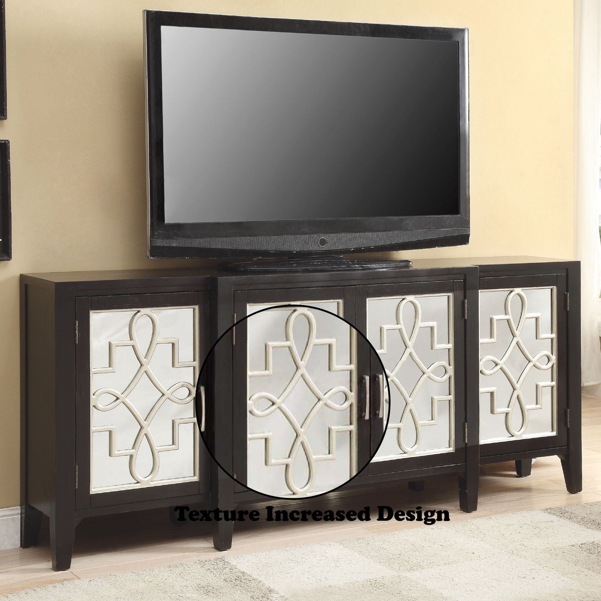 Kacia Console Cabinet pair in black with mirrored fretwork doors, accent tables by HouseOfZazla on Tampa Home & Garden Store