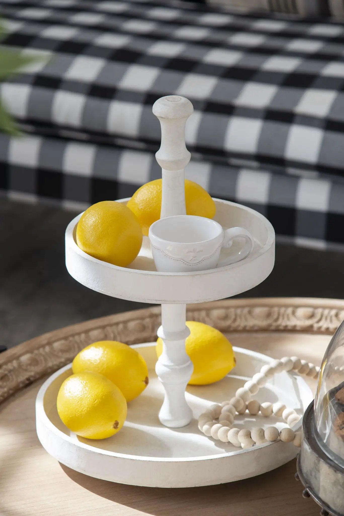 Two Tier Round Wooden Tray in White Finish