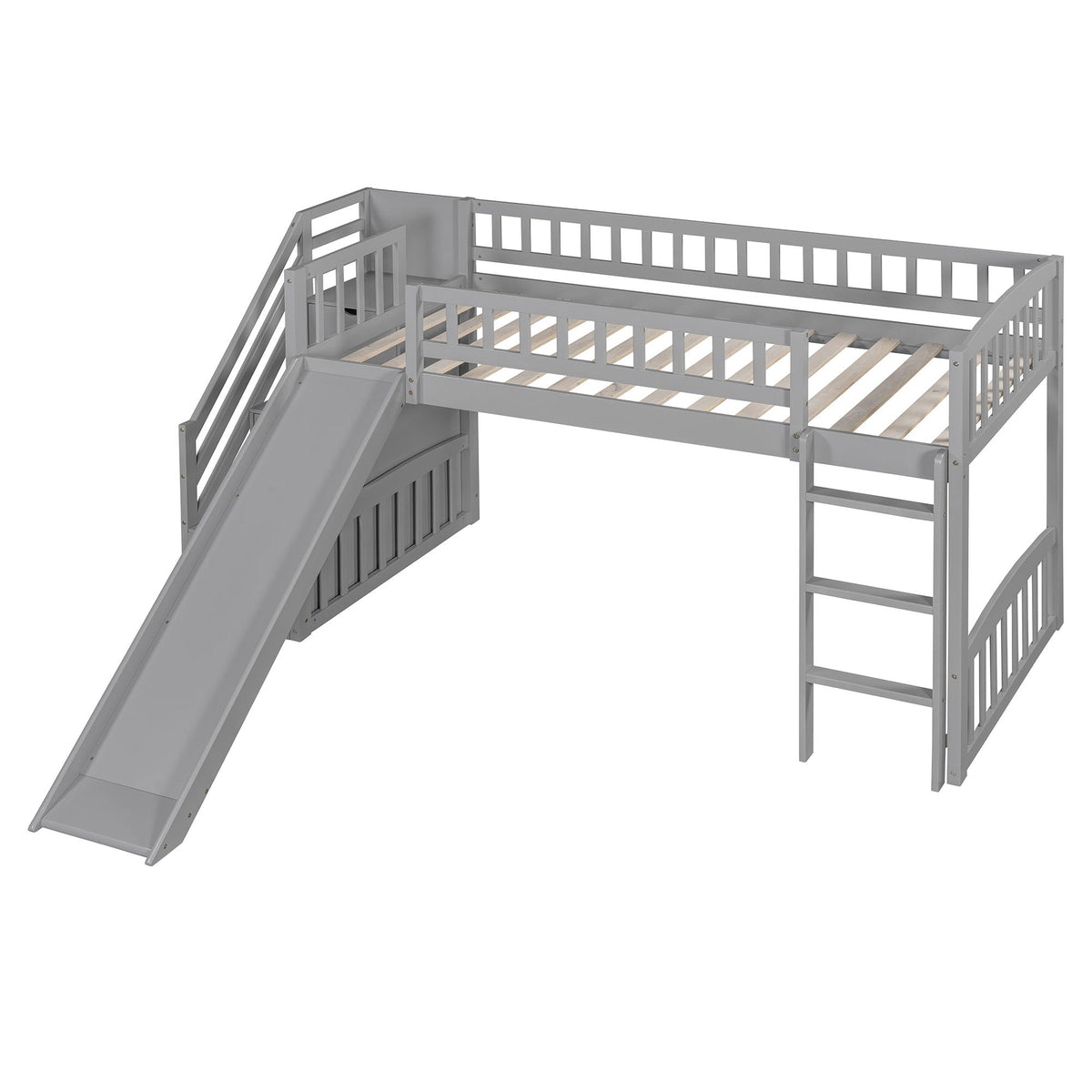 Loft stairway bed with 2 drawers, gray metal frame, convertible ladder and slide on Tampa Home & Garden Store