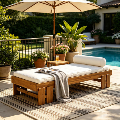 Teak finish acacia wood daybed with cream cushions for outdoor patio seating by HouseOfZazla on Tampa Home & Garden Store