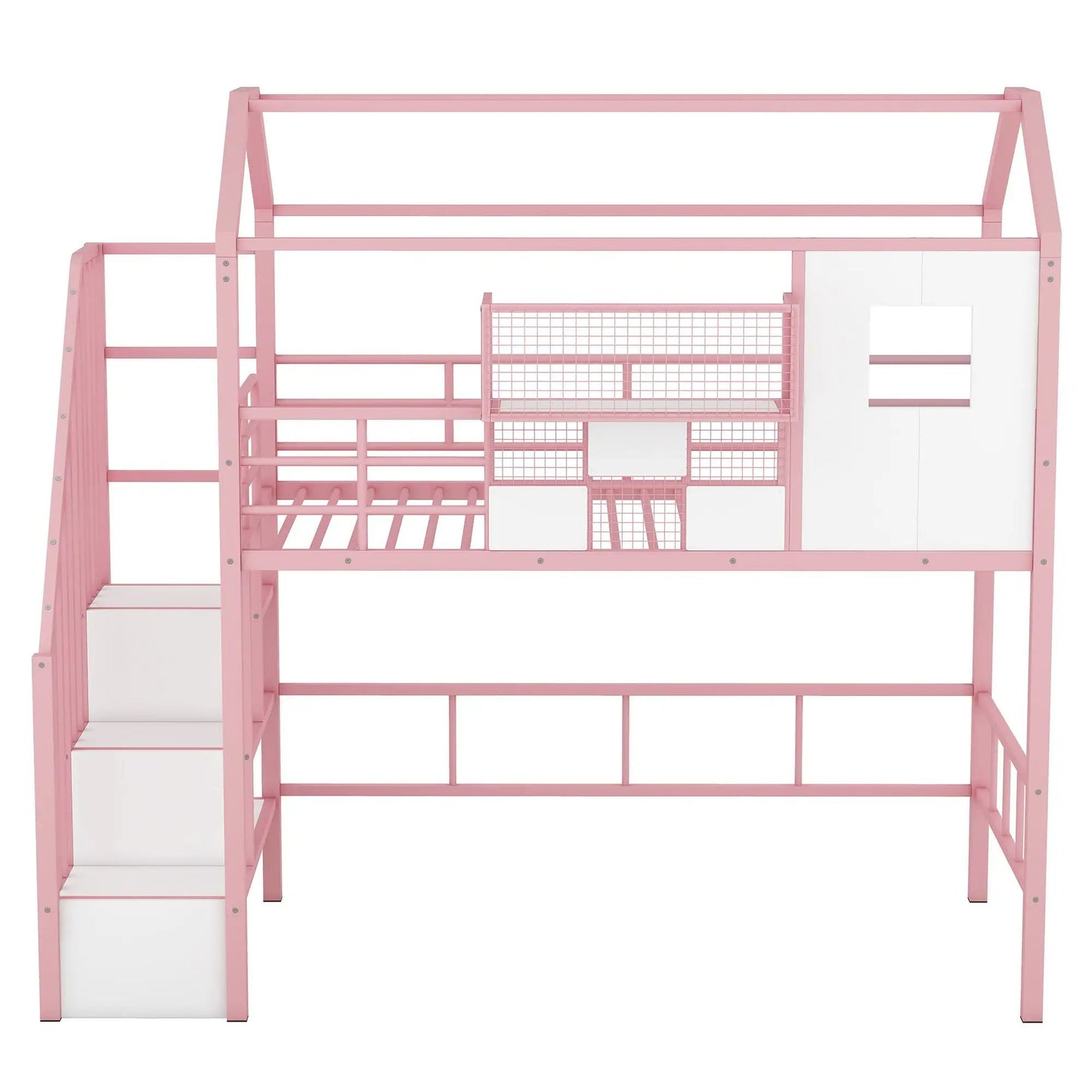 Pink metal loft bed frame with roof design, guardrails, ladder and storage grid panels on Tampa Home & Garden Store