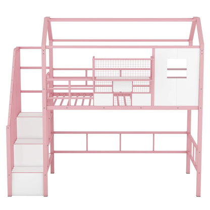 Pink metal loft bed frame with roof design, guardrails, ladder and storage grid panels on Tampa Home & Garden Store