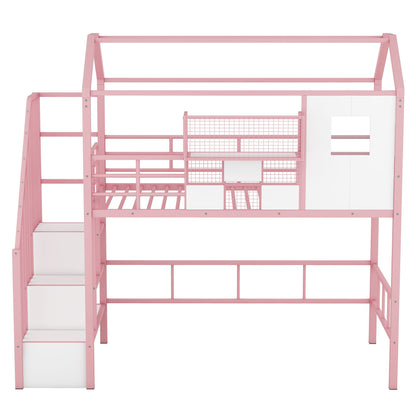 Pink metal loft bed with roof design, storage box, guardrails, and ladder by HouseOfZazla on Tampa Home & Garden Store