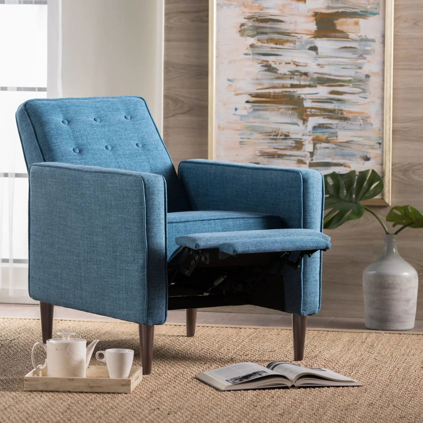 Mid-Century Modern Recliner blue fabric with button tufting and waffle stitch extended footrest on Tampa Home & Garden Store
