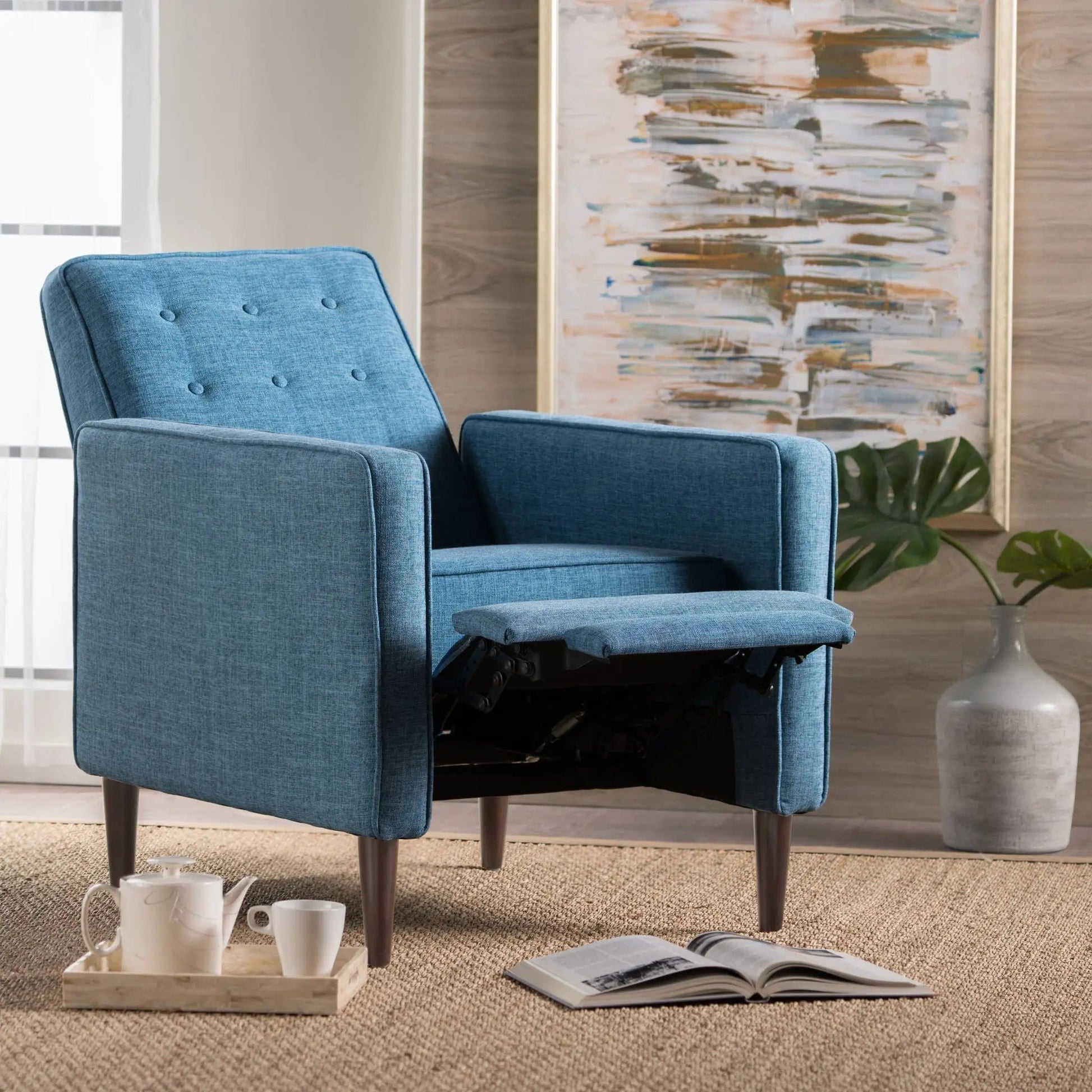 Mid-Century Modern Recliner blue fabric with button tufting and waffle stitch extended footrest on Tampa Home & Garden Store