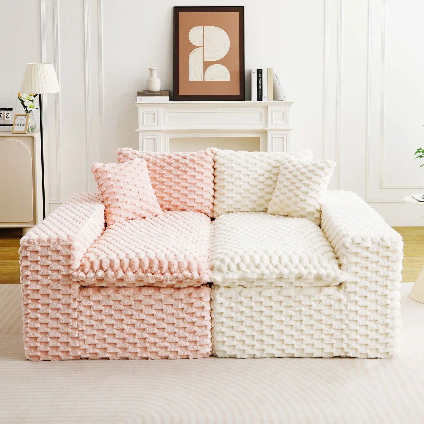 Multifunctional Stationary Sofa by Unique Piece Furniture with pink and cream chunky knit throws on Tampa Home & Garden Store