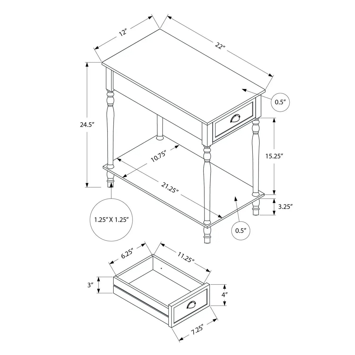 Accent Side Table 2-Tier with storage drawer in traditional design, dimensioned drawing by Unique Piece Furniture on Tampa Home & Garden Store