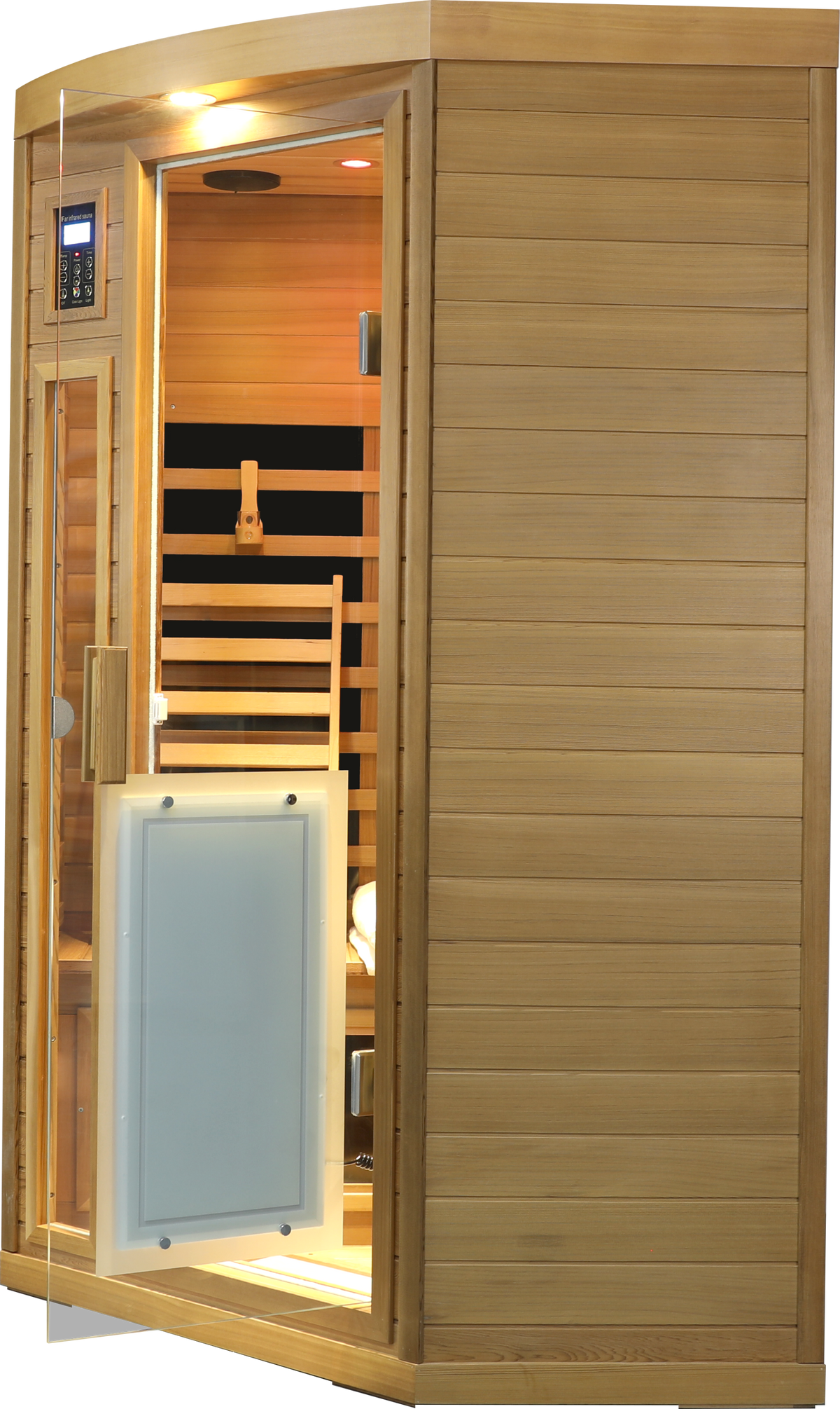 Two-person far-infrared sauna in natural red cedar with glass door and LCD touch control on Tampa Home & Garden Store
