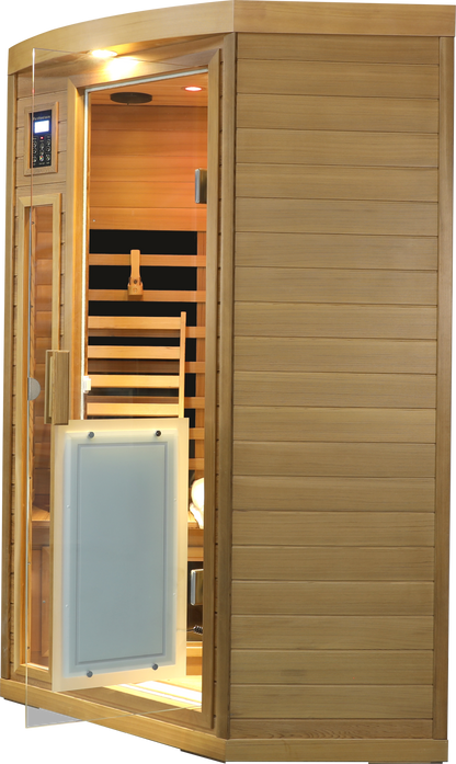 Two-person far-infrared sauna in natural red cedar with glass door and LCD touch control on Tampa Home & Garden Store
