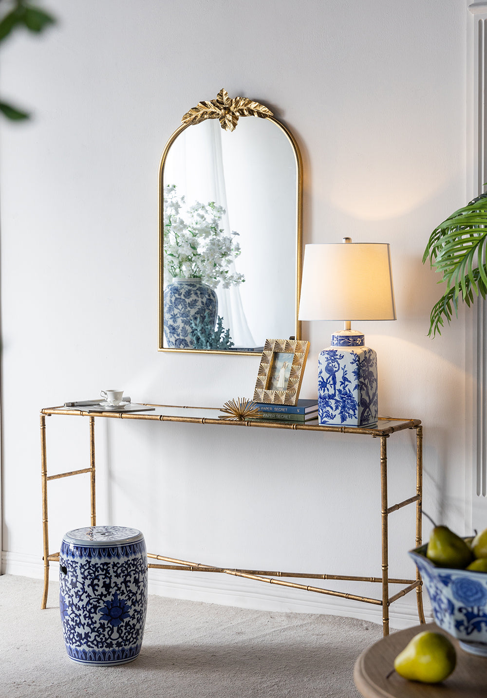 13x25' Blue and White Ceramic Vase Lamp by HouseOfZazla with linen shade on bamboo console on Tampa Home & Garden Store