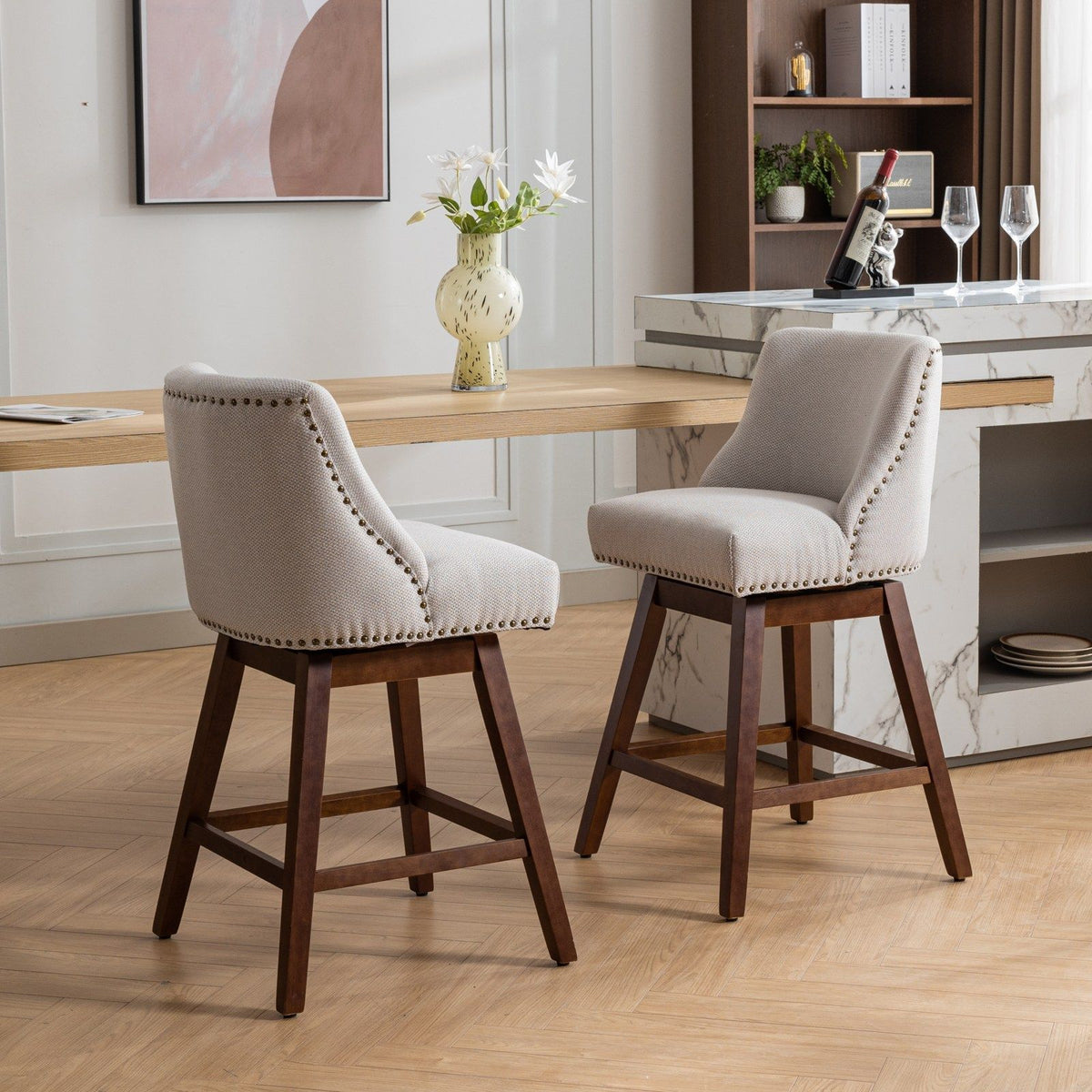 Counter Height Swivel Barstools Set of 2 with nailhead trim and dark wood legs HouseOfZazla on Tampa Home & Garden Store