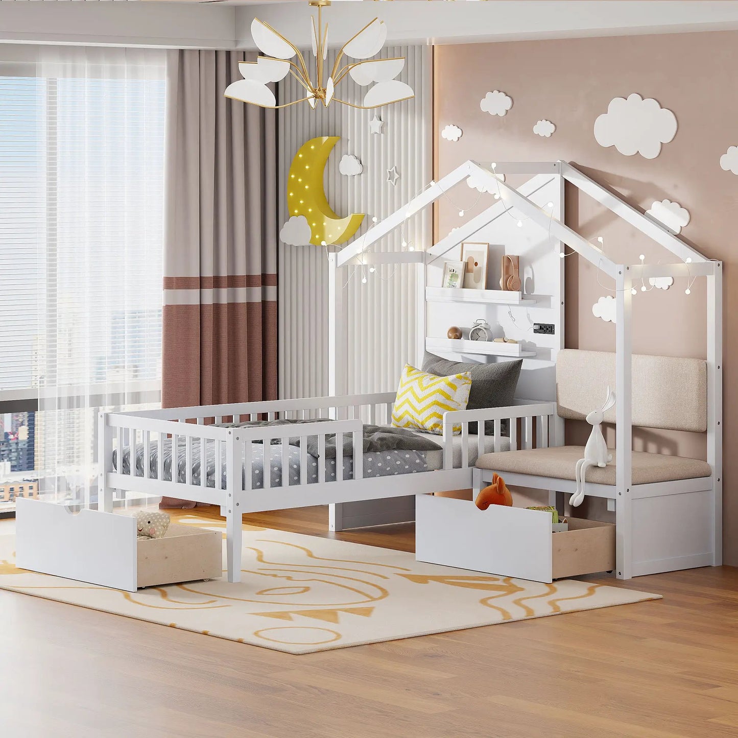 House bed with upholstered sofa, white storage bed with shelves and 2 drawers on Tampa Home & Garden Store