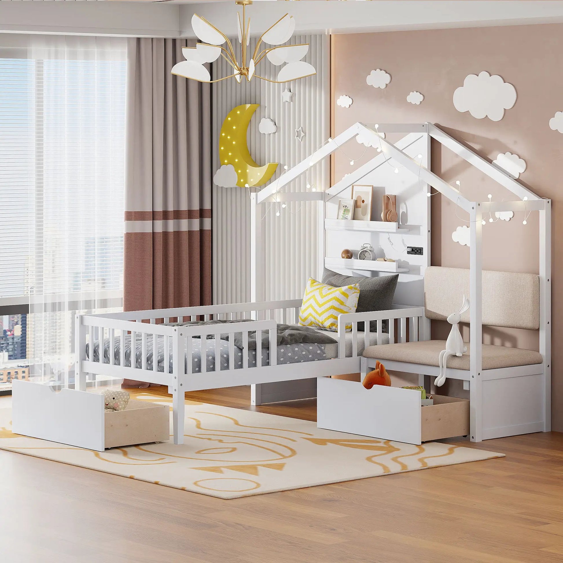House bed with upholstered sofa, white storage bed with shelves and 2 drawers on Tampa Home & Garden Store
