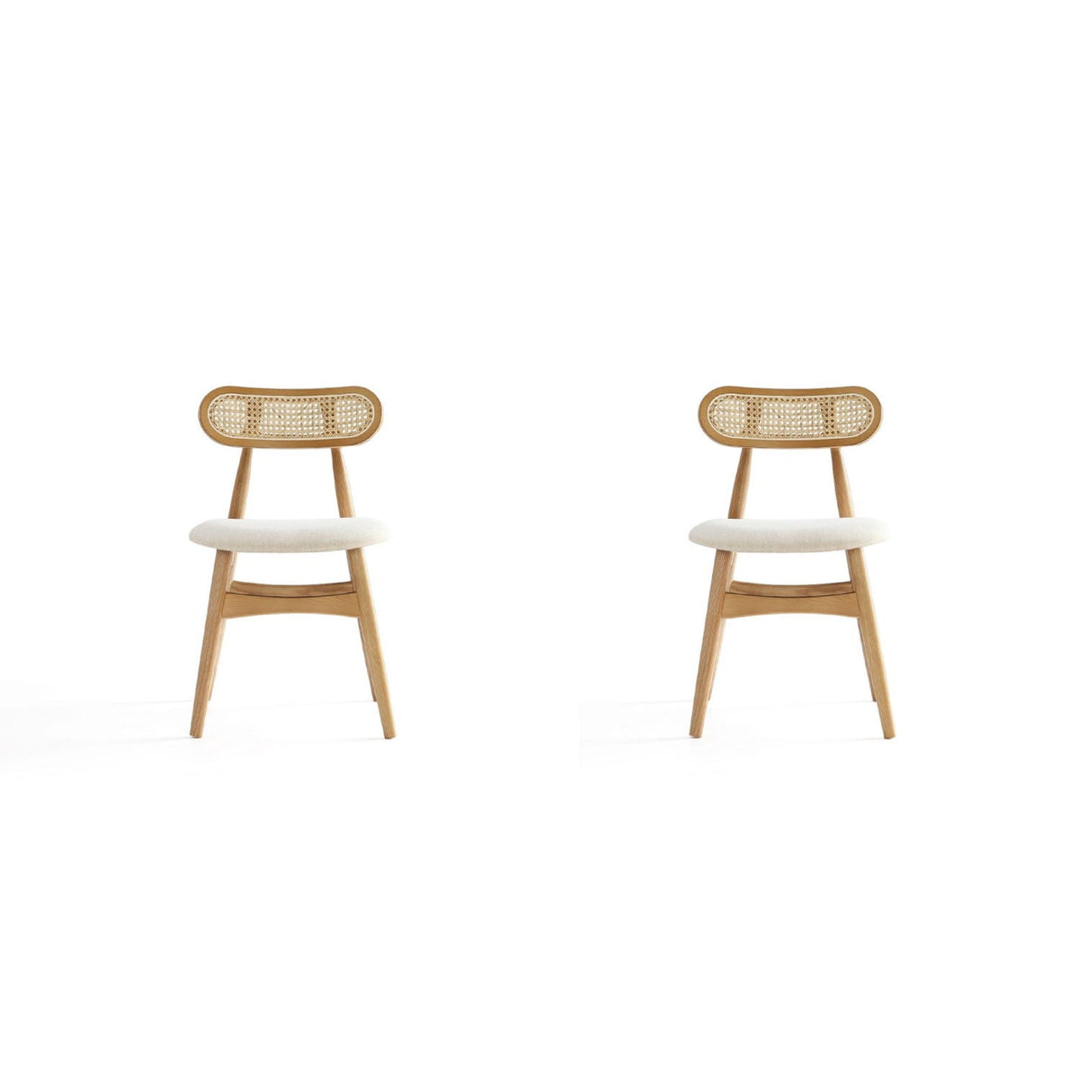 Dining chair set with cane backrests in light brown wood, two beige upholstered seats on Tampa Home & Garden Store