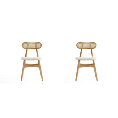 Dining chair set with cane backrests in light brown wood, two beige upholstered seats on Tampa Home & Garden Store