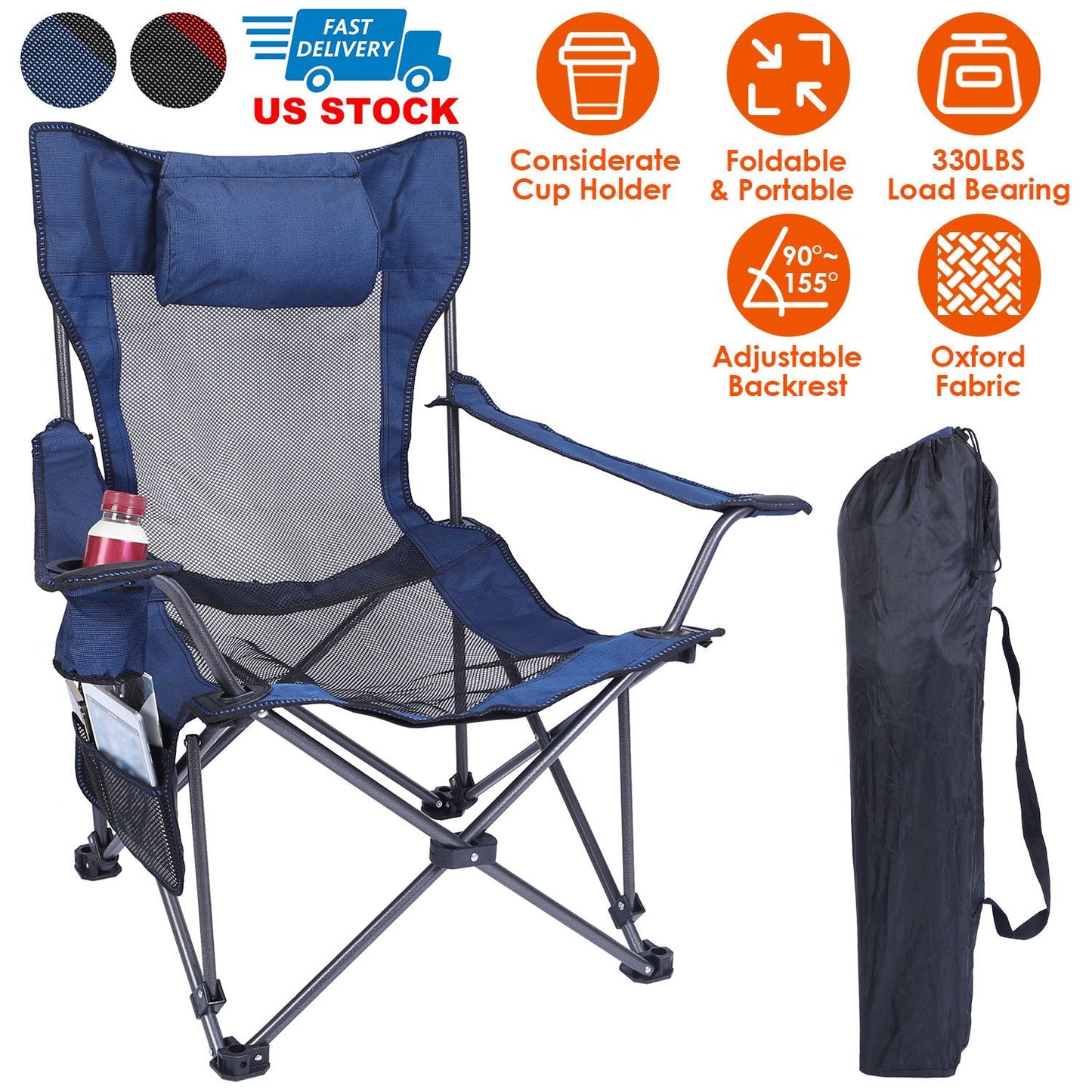 GemGear foldable camping chair blue with reclining backrest, cup holder, side pocket on Tampa Home & Garden Store