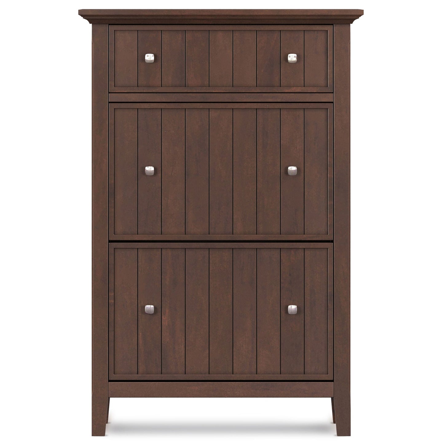 Acadian entryway shoe storage cabinet brown with two upper and two lower doors silver knobs on Tampa Home & Garden Store